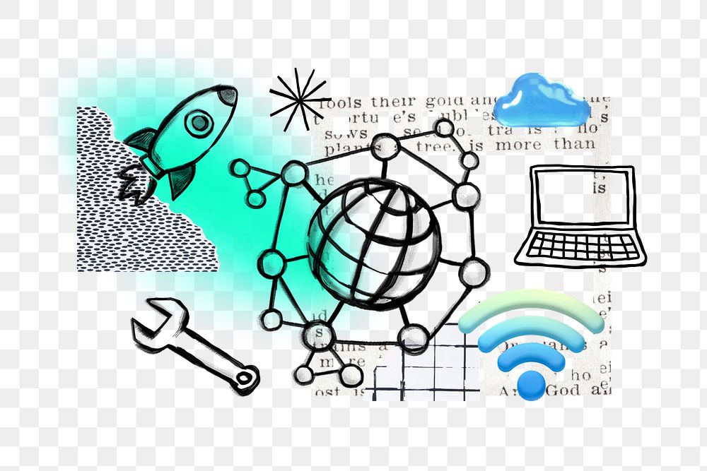 Grid globe png, global communication doodle remix, transparent background
