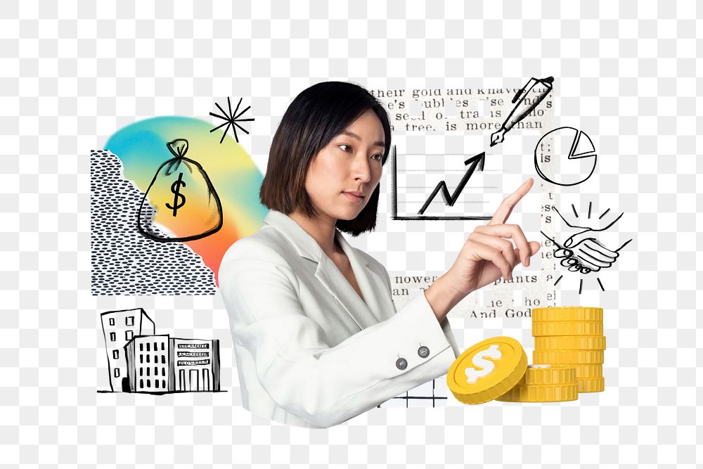 Businesswoman financial analyst png, finance doodle remix, transparent background