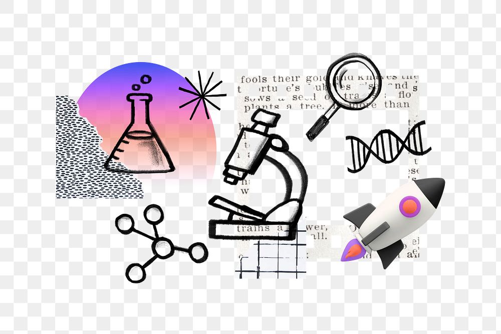 Microscope camera png, science doodle remix, transparent background