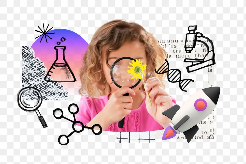Girl png using magnifying glass, science doodle remix, transparent background
