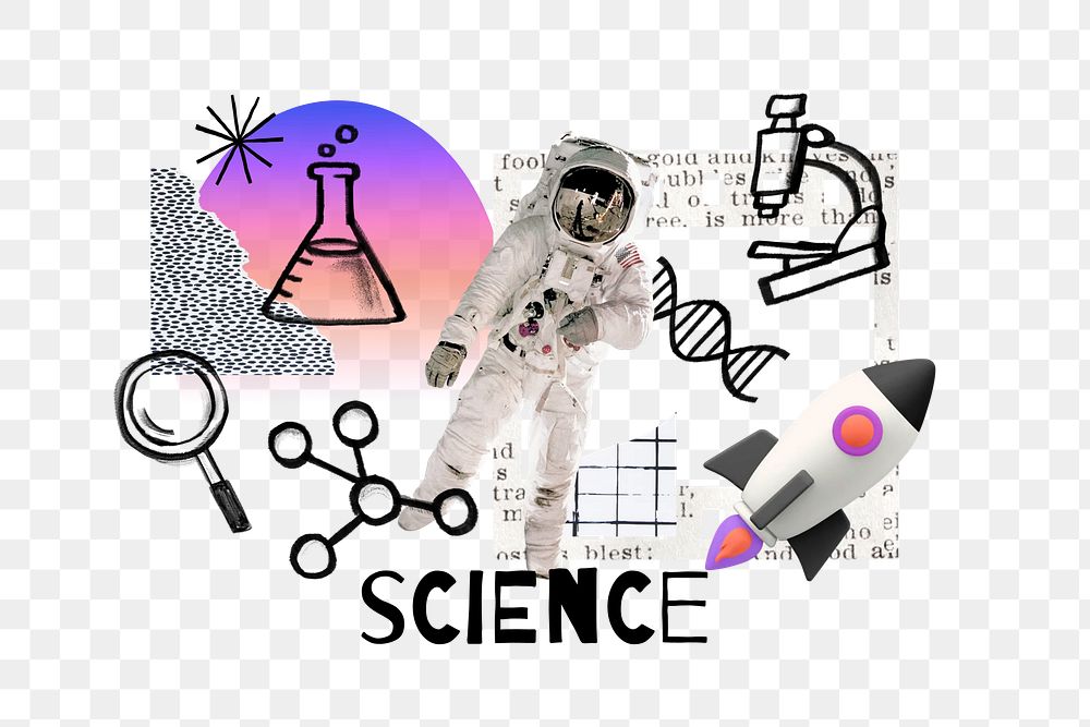 Science word png, floating astronaut remix, transparent background