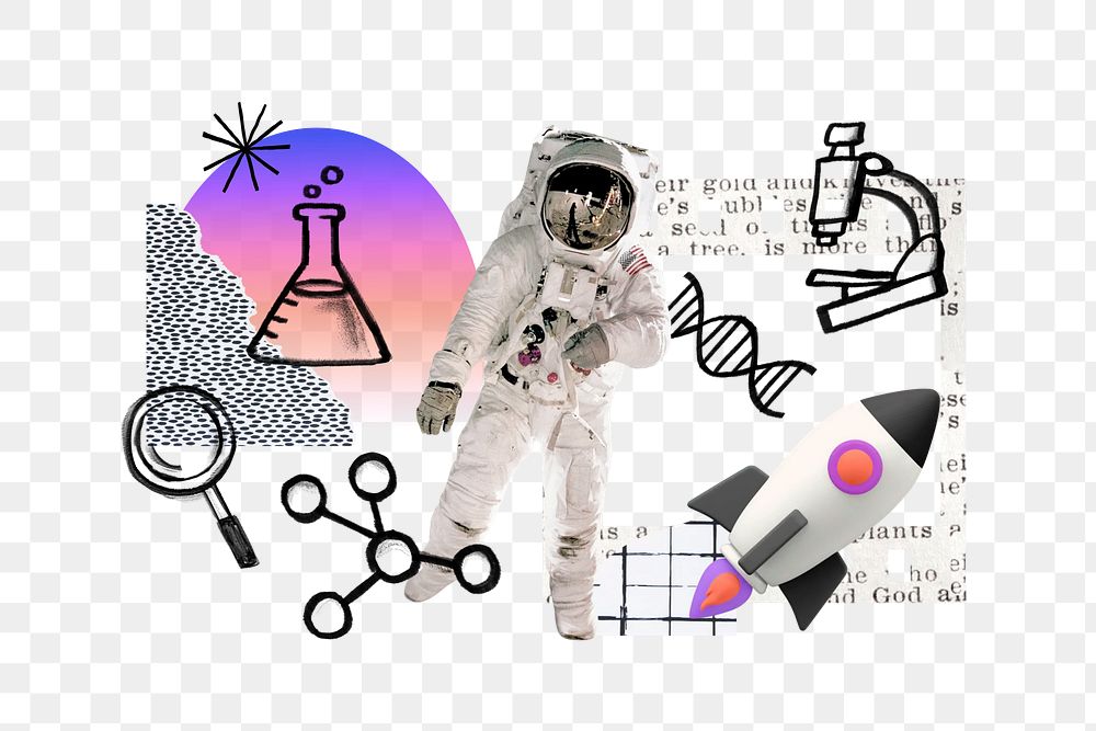 Floating astronaut png, science doodle remix, transparent background