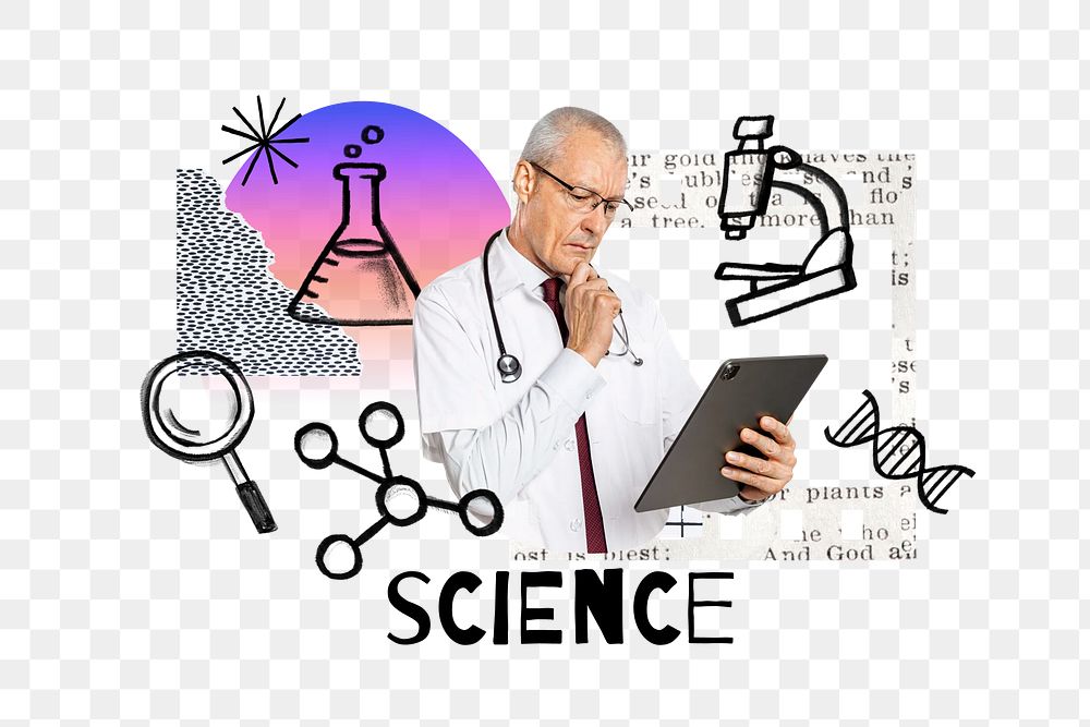 Science word png, scientist using tablet  remix, transparent background
