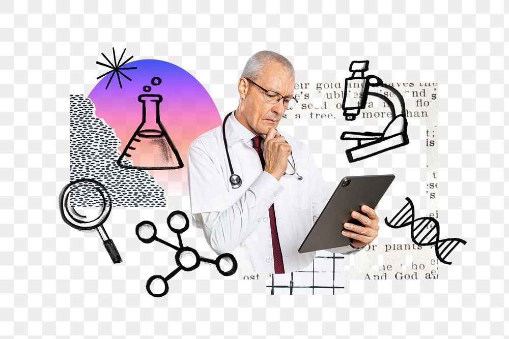 Scientist using tablet png, science doodle remix, transparent background