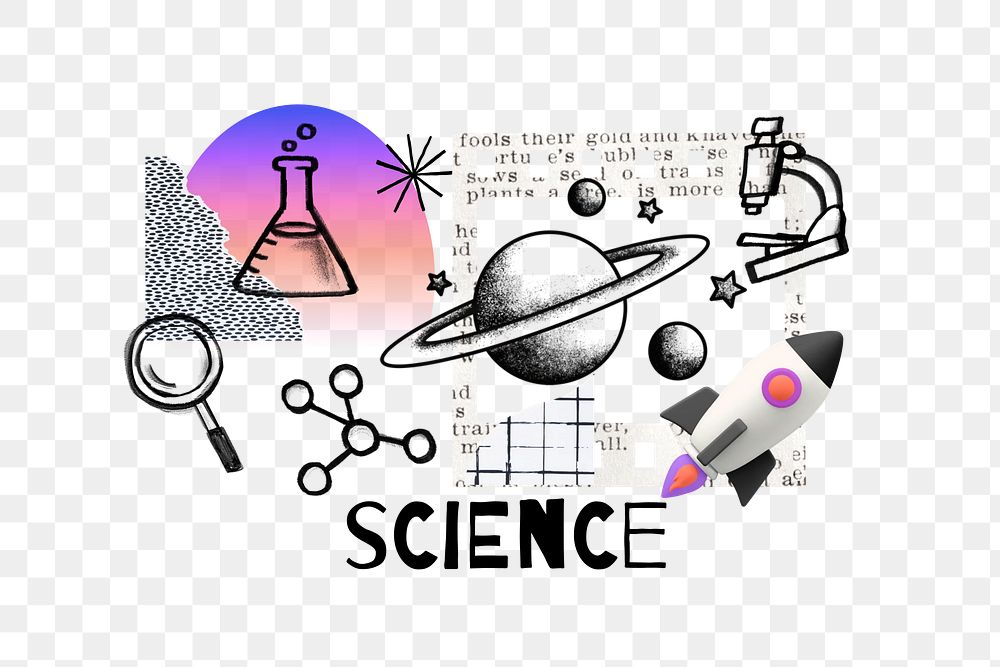 Science word png, Saturn galaxy doodle remix, transparent background