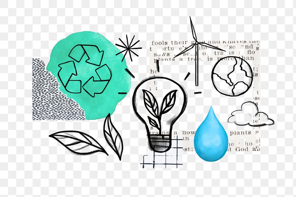 Sustainable energy png, environment doodle remix, transparent background