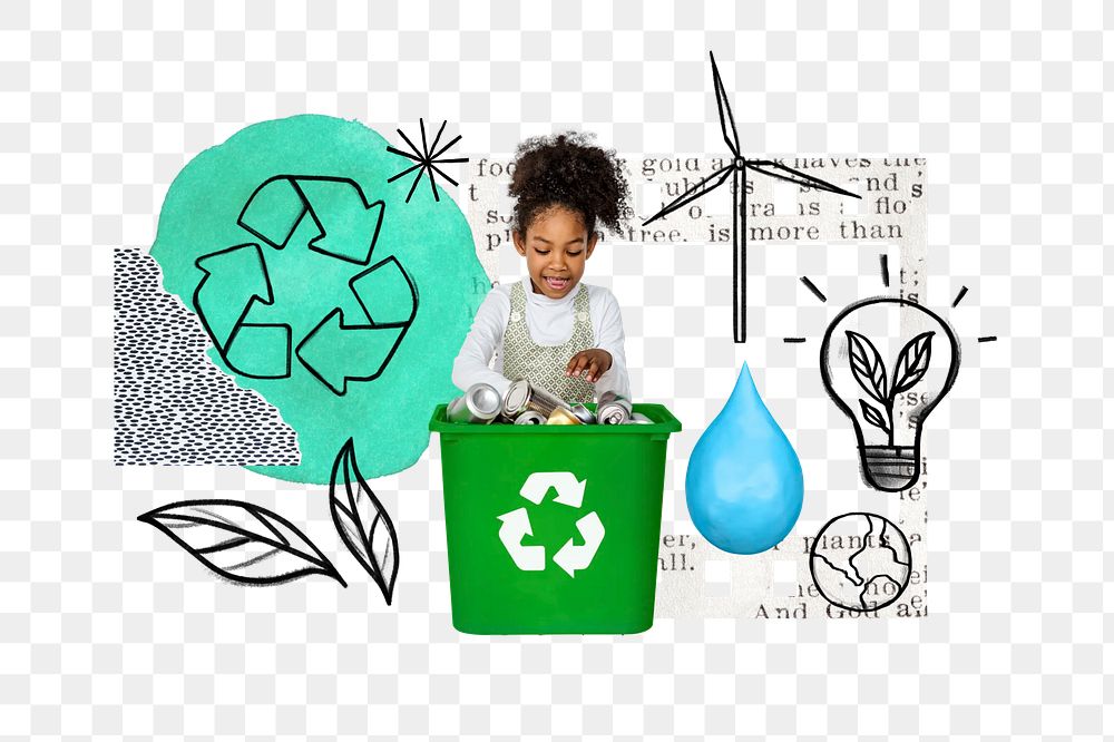 Girl recycling plastics png, environment doodle remix, transparent background
