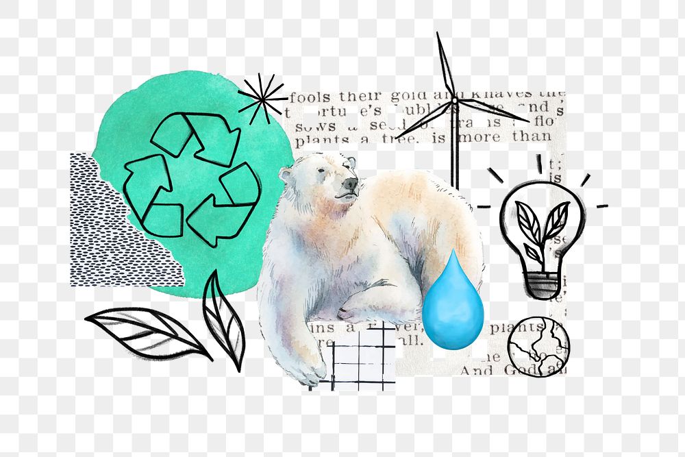 Polar bear png, global warming, environment doodle remix, transparent background
