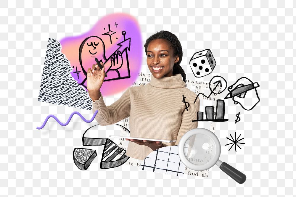 Business analyst woman png, doodle remix, transparent background