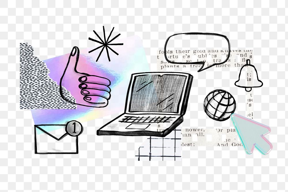 Digital communication png element, laptop doodle remix, transparent background