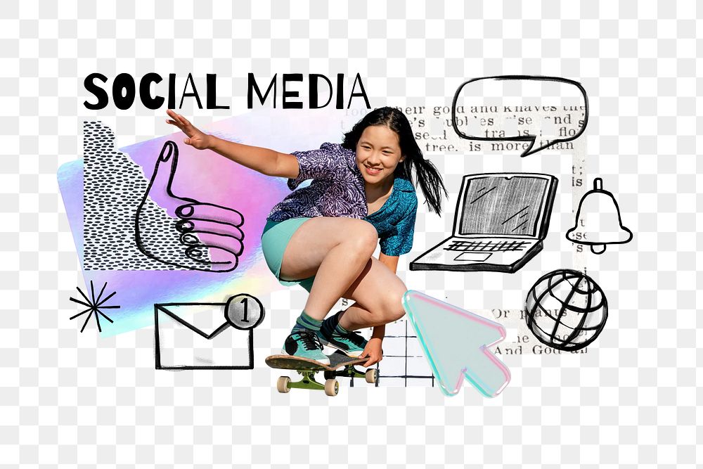 Social media word png, skater girl, digital doodle remix, transparent background