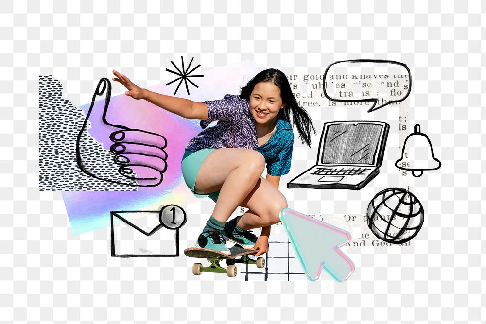 Social media doodle png element, girl skating remix, transparent background