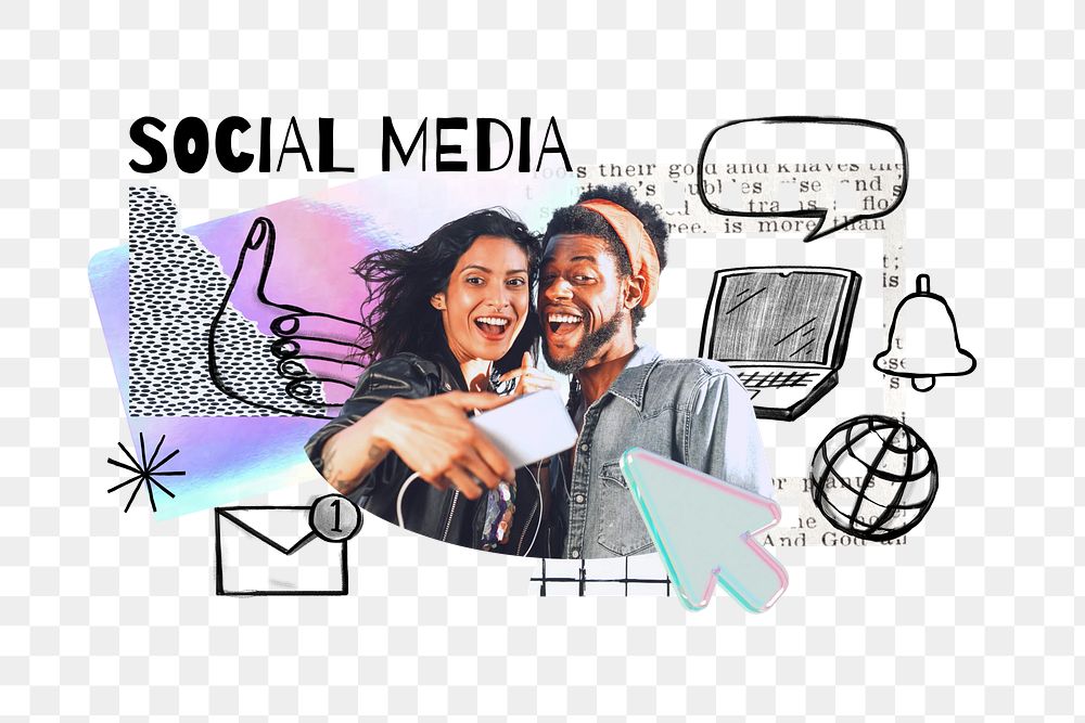 Social media word png, couple taking selfie, digital doodle remix, transparent background