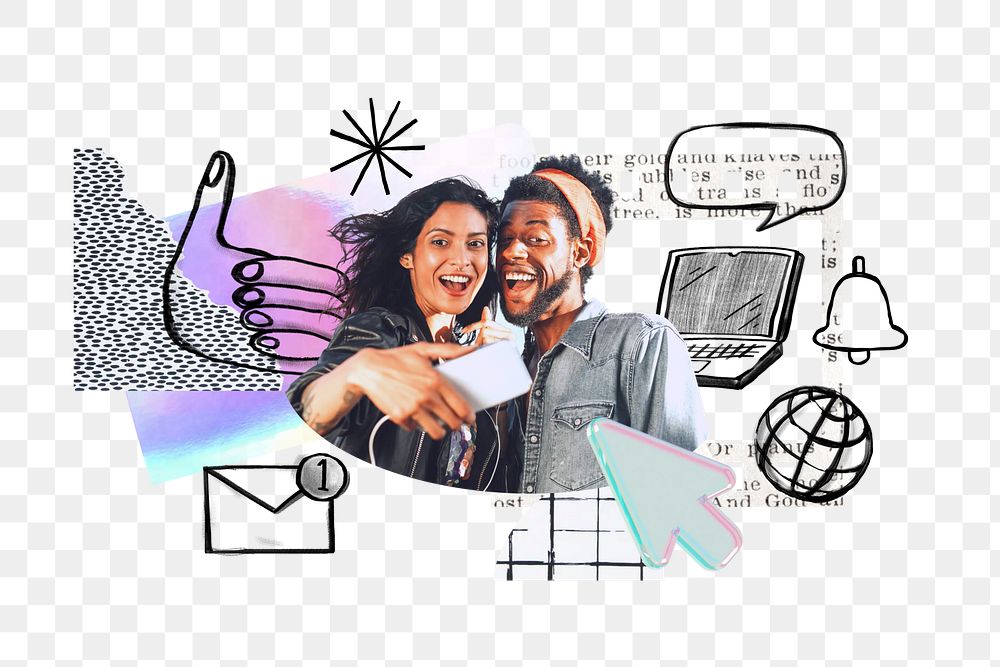 Couple taking selfie png element, social media doodle remix, transparent background