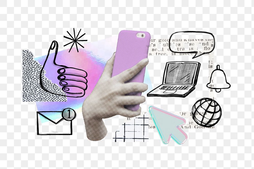 Hand holding smartphone png element, social media doodle remix, transparent background