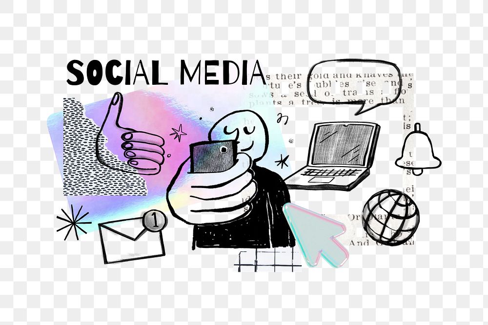 Social media word png, smartphone, digital doodle remix, transparent background