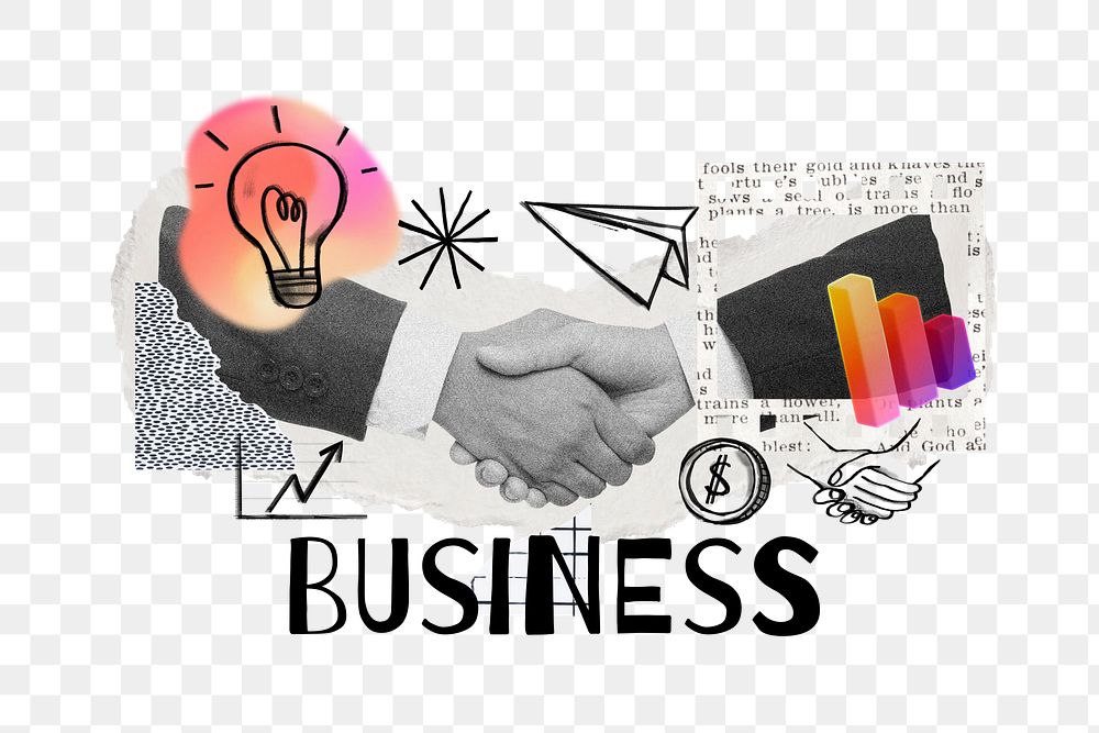 Business word png, handshake, partnership deal remix, transparent background