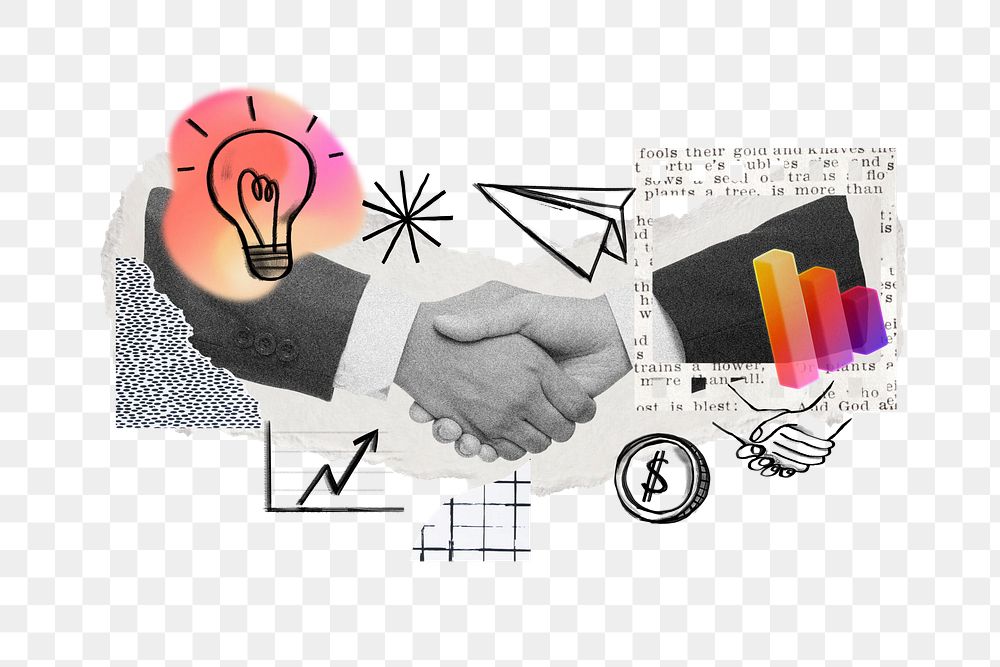 Business partnership handshake png, doodle remix, transparent background
