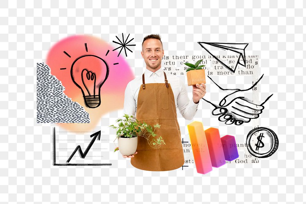 Small business owner png, doodle remix, transparent background