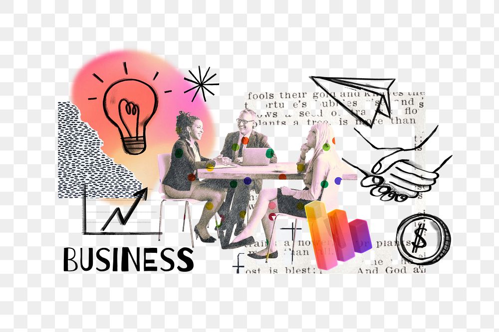Business word png, colleagues in meeting remix, transparent background