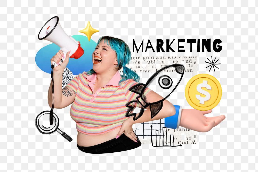 Marketing word png, woman holding megaphone remix, transparent background