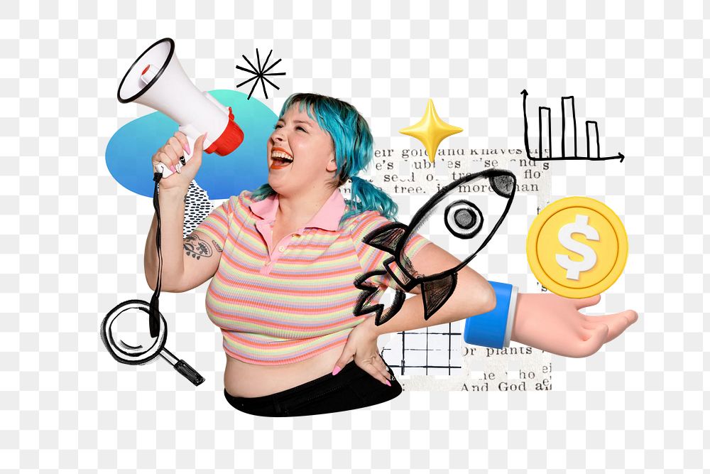 Woman holding megaphone png, marketing doodle remix, transparent background