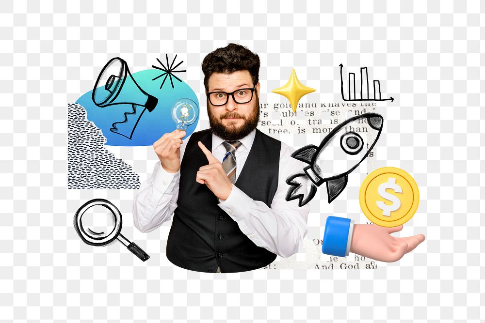 Man holding png light bulb, business strategy doodle remix, transparent background