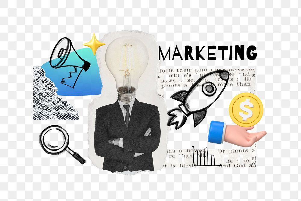 Marketing word png, bulb-head businessman remix, transparent background