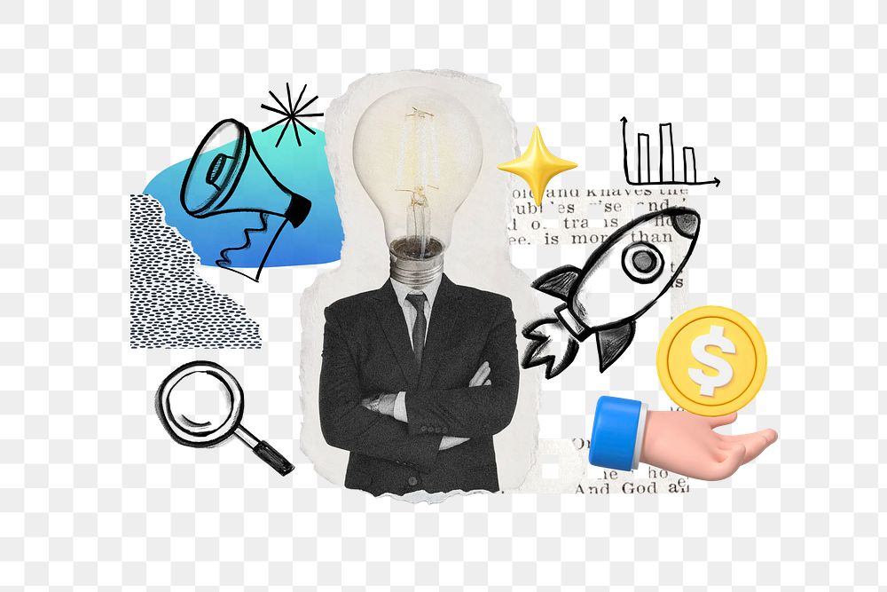 Bulb-head businessman png, business doodle remix, transparent background