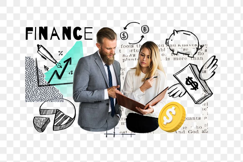Finance word png, business colleagues doodle remix, transparent background