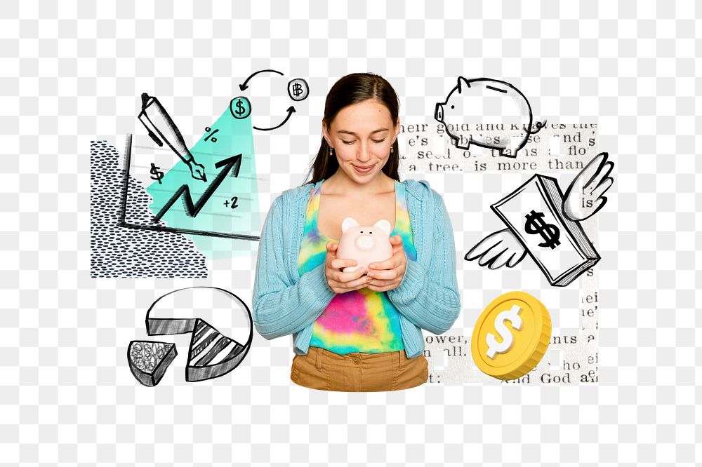 Woman saving money png, finance doodle remix, transparent background