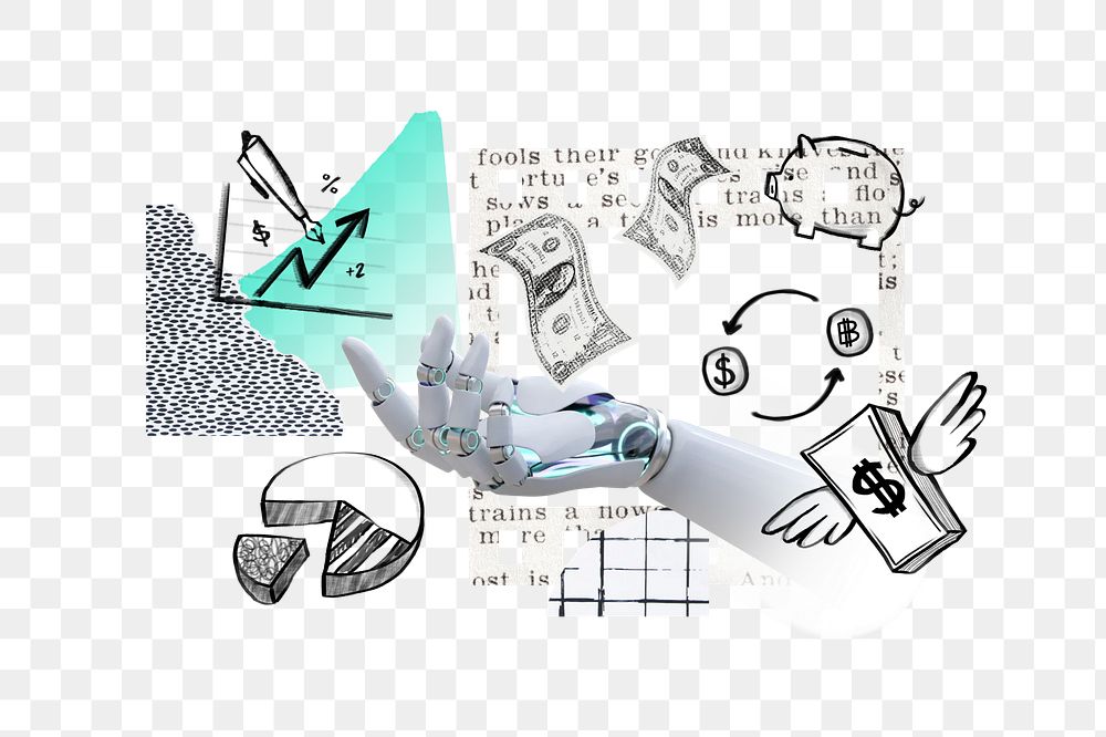 AI robot png, smart saving, finance doodle remix, transparent background