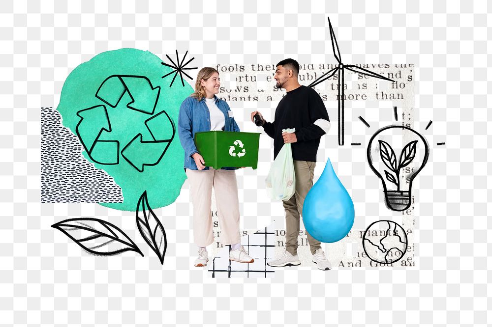Volunteers png collecting recyclable trash, environment doodle remix, transparent background