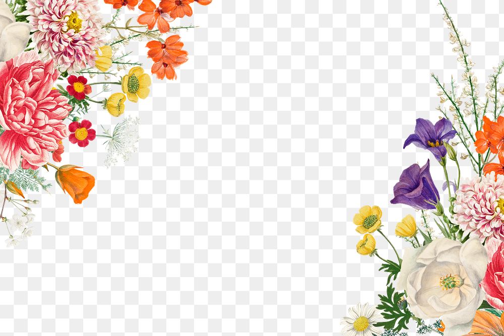 Vintage colorful flowers png border, transparent background