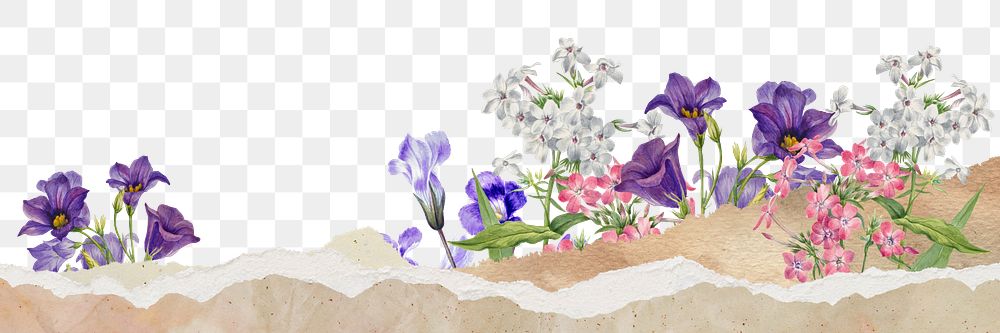 Purple flowers ripped paper png border, transparent background