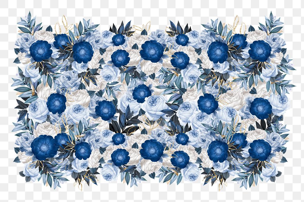 Blue peony png flower, Winter seasonal collage art on transparent background