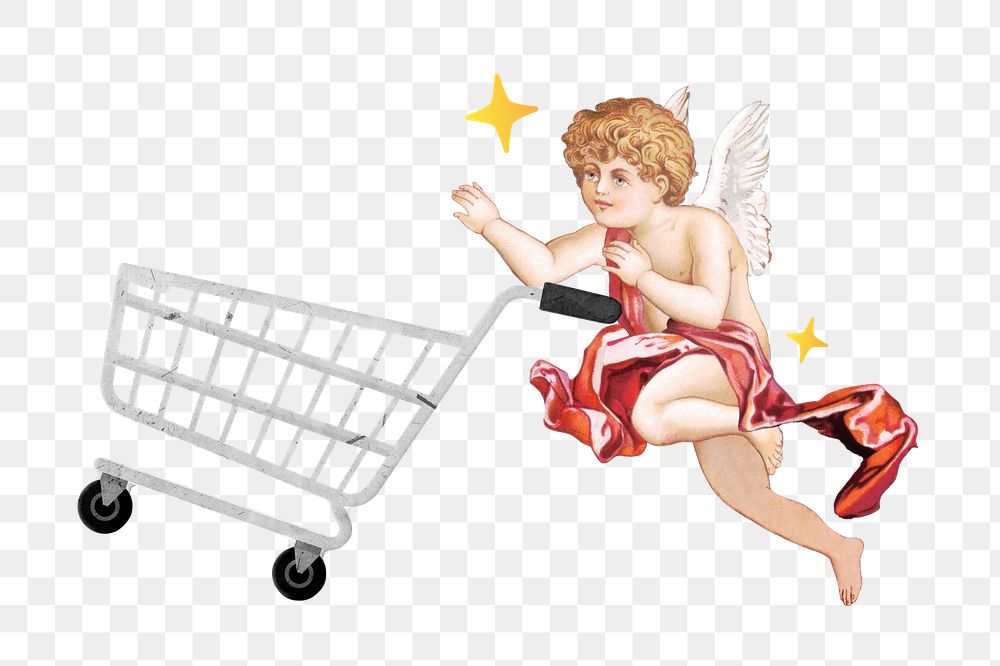 Shopping cupid png element, vintage collage art, transparent background. Remixed by rawpixel.