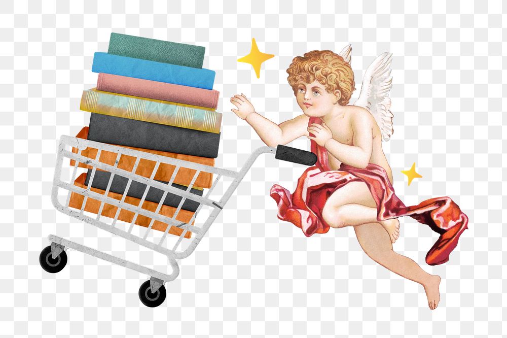 Cupid png buying textbooks, education collage, transparent background. Remixed by rawpixel.
