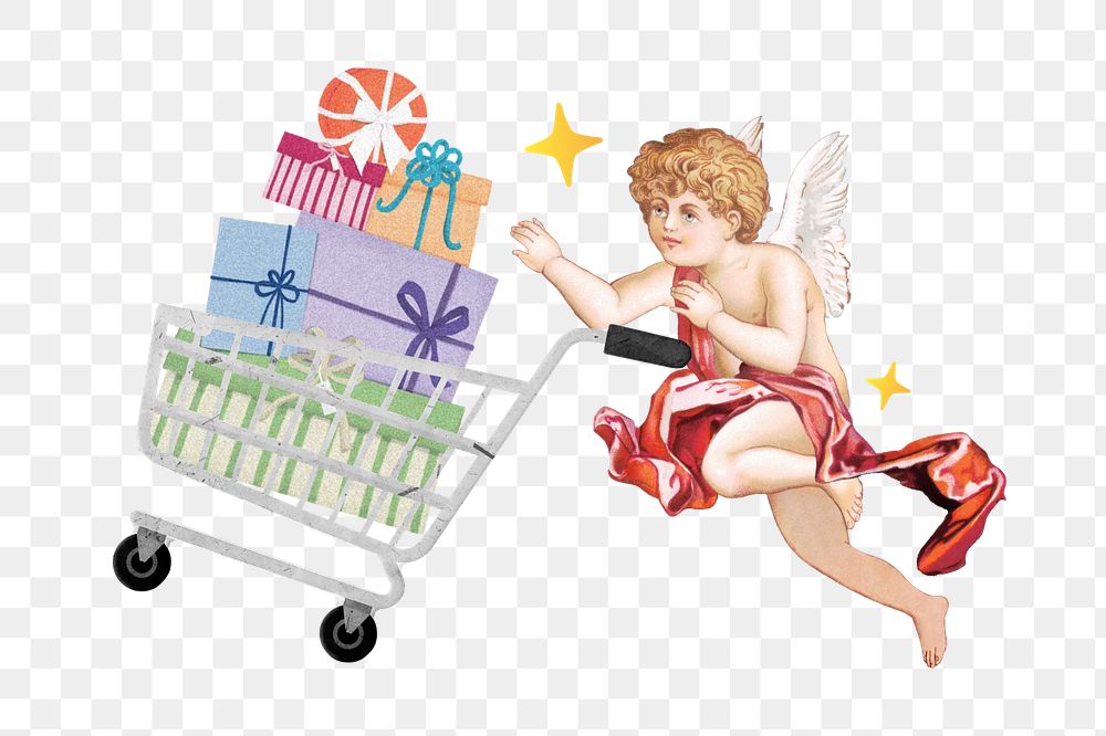 Cupid shopping png gifts, celebration graphic, transparent background. Remixed by rawpixel.