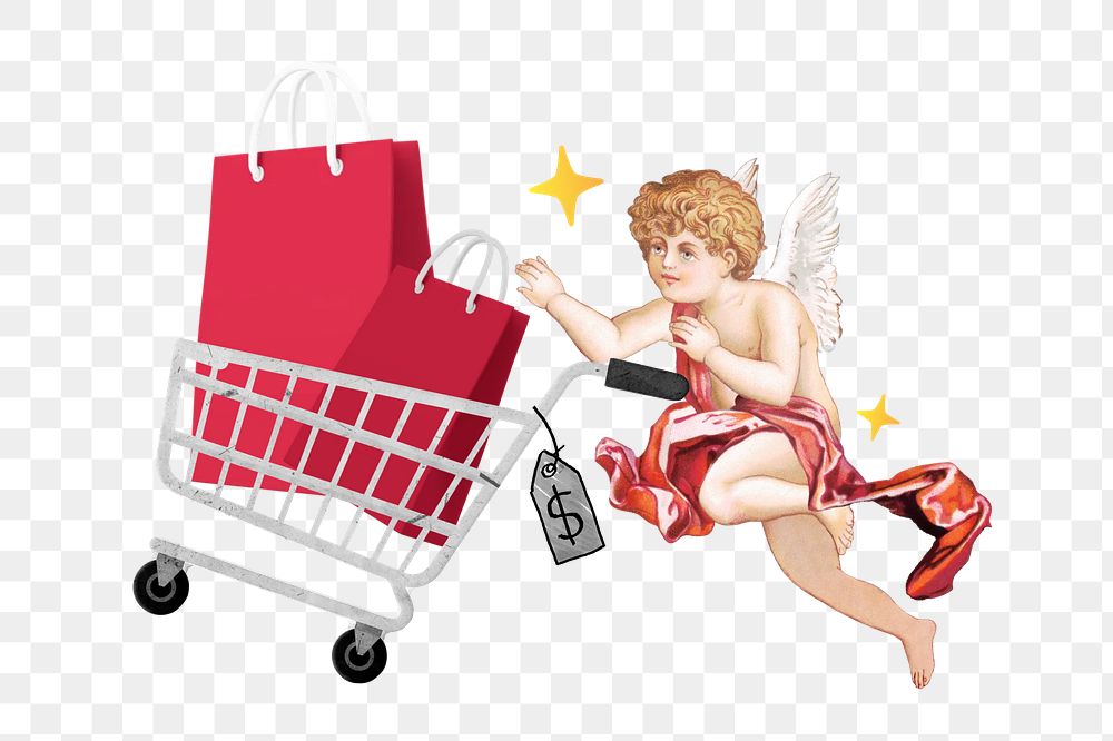 Shopping png  cupid with trolley, transparent background. Remixed by rawpixel.