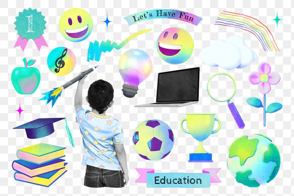 PNG gradient education collage remix set, transparent background