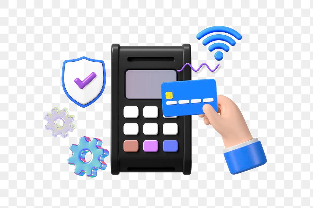 Cashless payment png, 3D credit card machine remix, transparent background