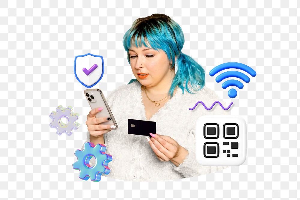 Cashless payment png, woman using smartphone remix, transparent background