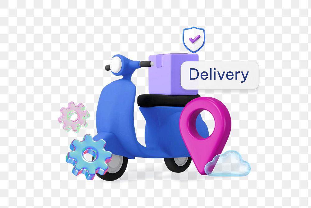Delivery png word, 3D scooter remix on transparent background