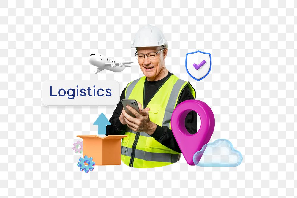 Logistics png word, supply chain management remix on transparent background