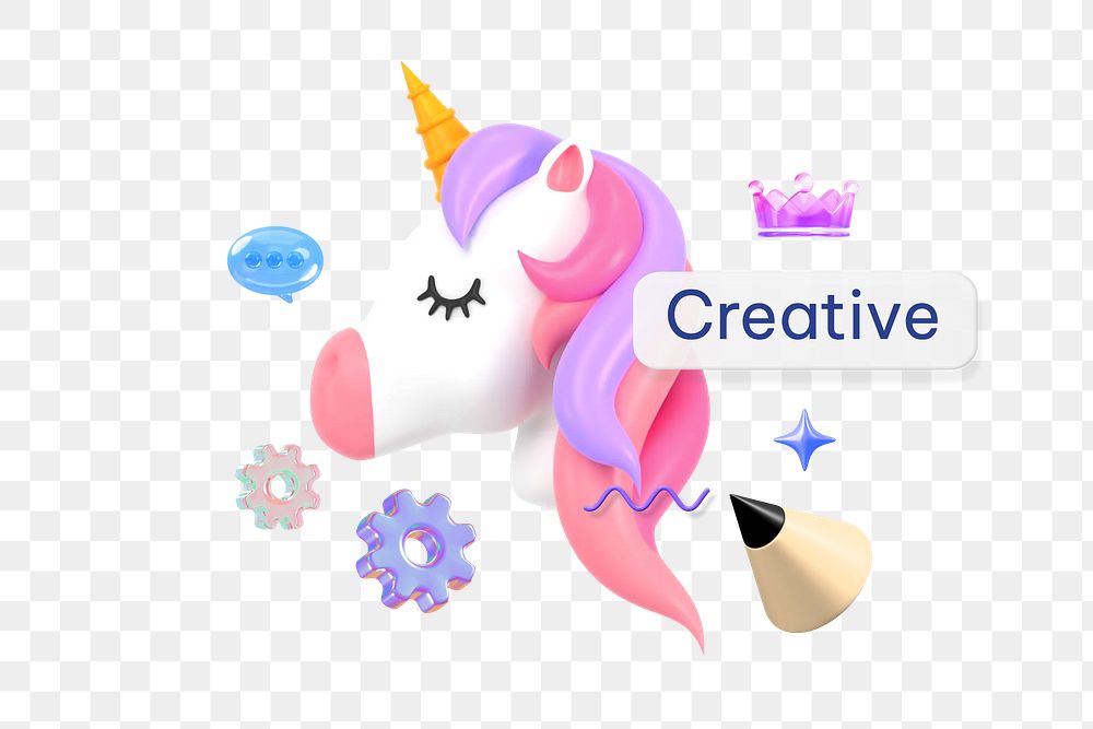 Creative png word, 3D unicorn remix on transparent background