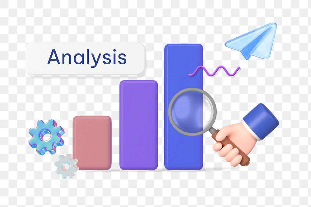 Analysis png word, 3D bar charts remix on transparent background