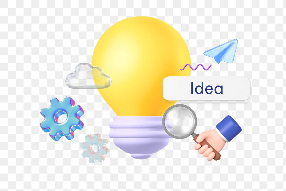 Idea png word, 3D light bulb remix on transparent background