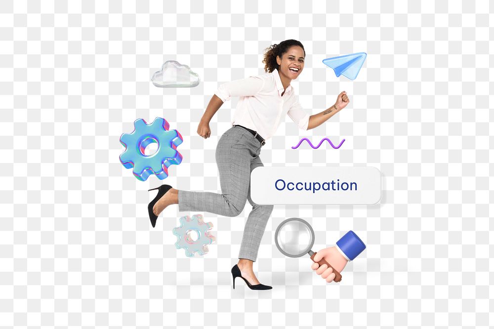 Occupation png word, running businesswoman remix on transparent background