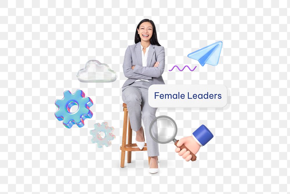 Female leaders png word, smiling businesswoman remix on transparent background